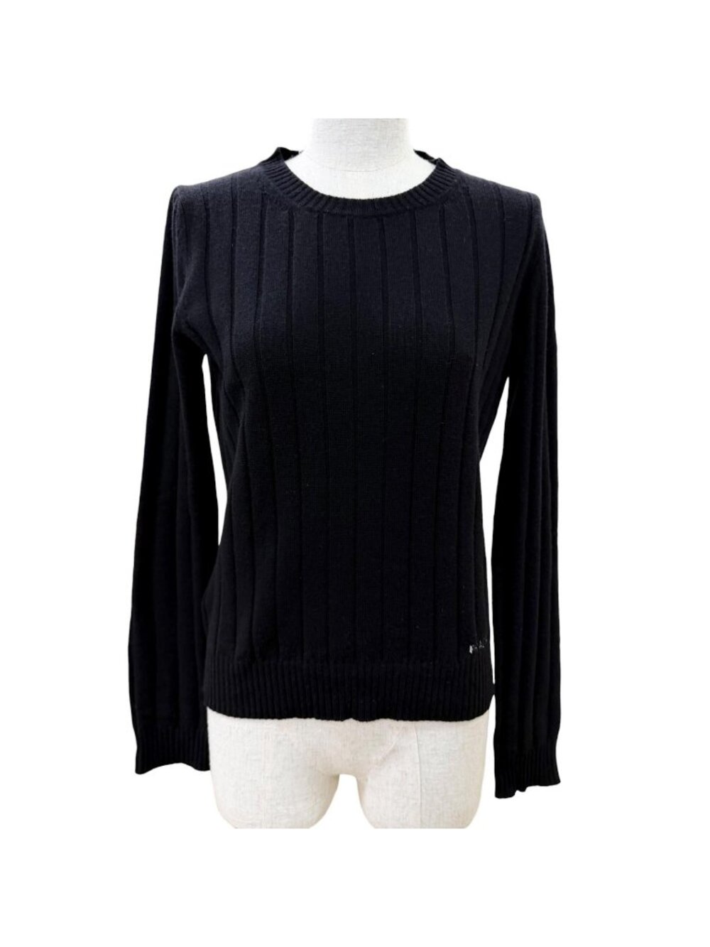 Prada Wool Cashmere Blend Logo Embroidery Long Sleeve Rib Knit Sweater Top